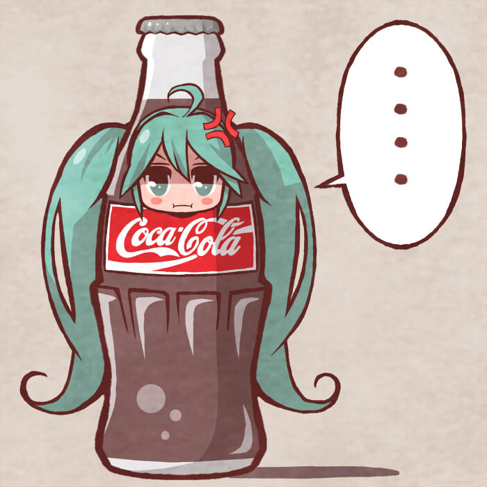 ..., 1girl, anger_vein, bottle, chibi, coca-cola, coke_(cosplay), cola_miku, completely_unamused, cosplay, female_focus, green_eyes, green_hair, hatsune_miku, in_bottle, in_container, long_hair, matching_hair/eyes, pout, sakichi_(gyro7msk), solo, twintails, unamused, very_long_hair, vocaloid