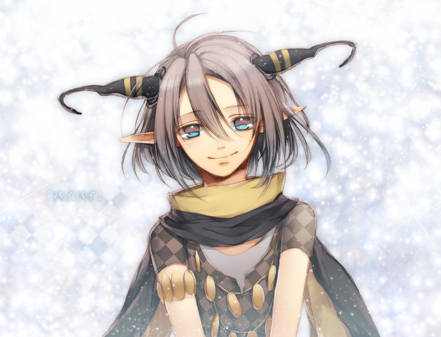 1boy, amnesia_(idea_factory), bad_id, bad_pixiv_id, blue_eyes, cape, grey_hair, horns