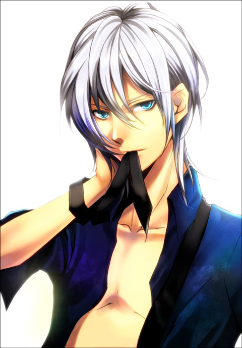 1boy, amnesia_(idea_factory), bad_id, bad_pixiv_id, blue_eyes, ikki_(amnesia), karakusa_maki, makiko_(karakusa_maki), male_focus, mouth_hold, open_clothes, ribbon, shirt, solo, white_background, white_hair