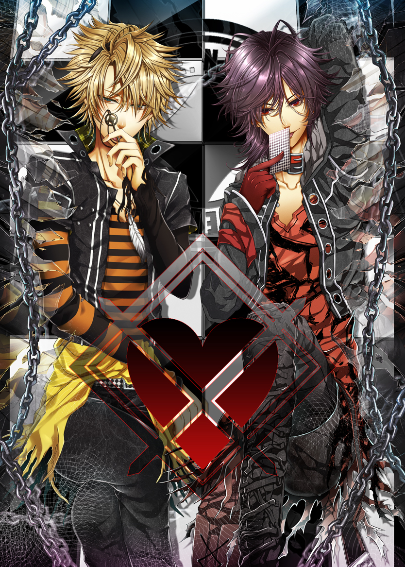 2boys, amnesia_(idea_factory), bishounen, black_hair, blonde_hair, card, chain, choker