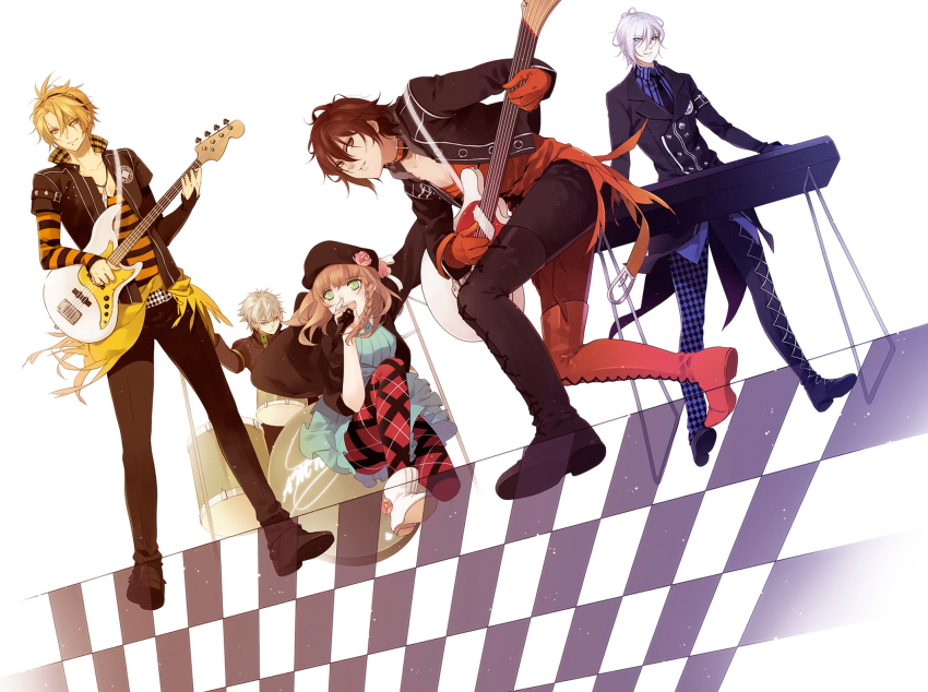 1girl, 4boys, amnesia_(idea_factory), bad_id, bad_pixiv_id, band_(music), bishounen, black_hair