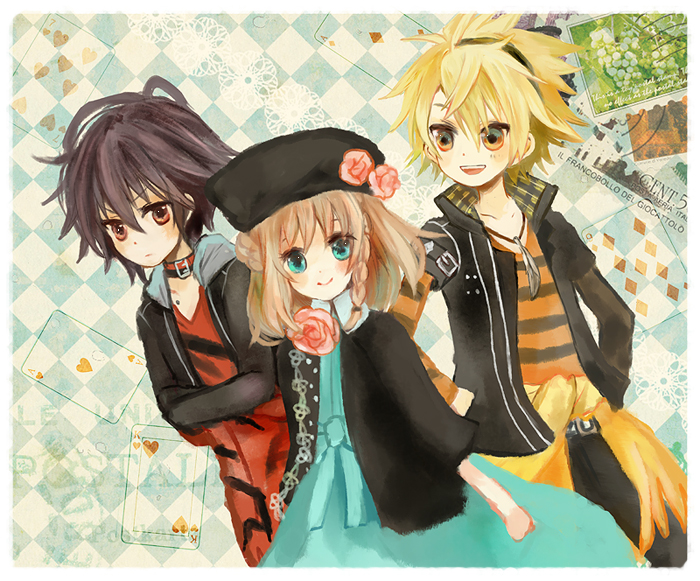 1girl, 2boys, amane_(kotoune), amnesia_(idea_factory), aqua_eyes, argyle_background, argyle_clothes, bad_id