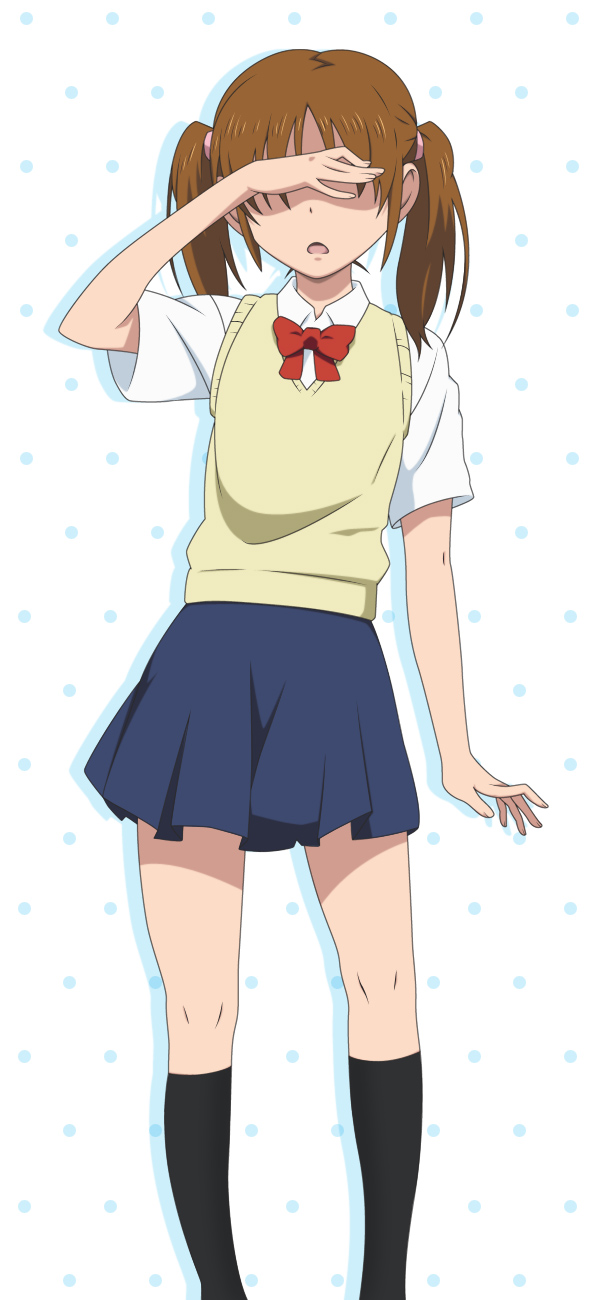 1girl, brown_hair, covering_own_eyes, danshi_koukousei_no_nichijou, female_focus, highres, polka_dot, polka_dot_background