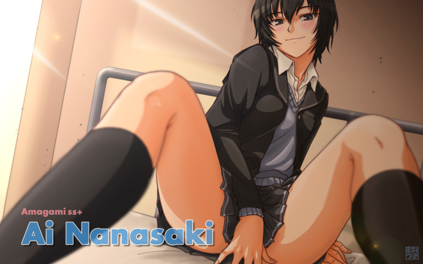 1girl, amagami, bad_id, bad_pixiv_id, black_hair, blurry, blush, brown_eyes, cardigan, character_name, copyright_name, covering_crotch, covering_privates, depth_of_field, female_focus, infirmary, nanasaki_ai, naughty_face, on_bed, osomatu-sama, school_uniform, short_hair, sitting, skirt, smirk, solo, spread_legs, sunlight, sweater_vest