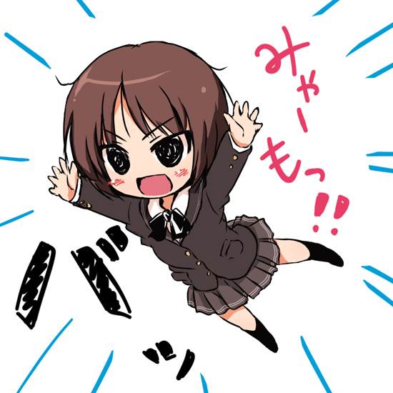 amagami, black_eyes, blazer, blush_stickers, bob_cut, brown_hair, chibi, glomp