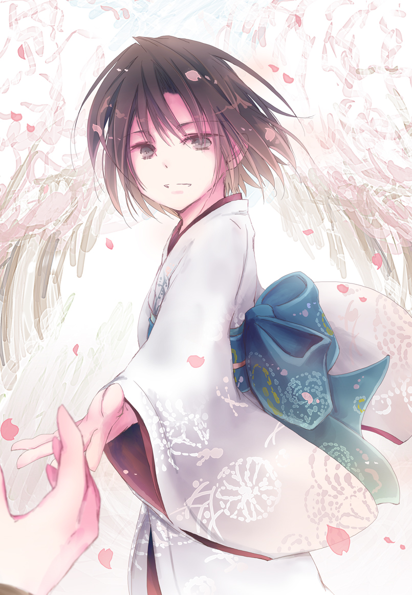 1girl, black_eyes, black_hair, cherry_blossoms, female_focus, hosikurage, japanese_clothes, kara_no_kyoukai, kimono, looking_at_viewer, obi, outstretched_hand, petals, ryougi_shiki, sash, short_hair, smile, solo