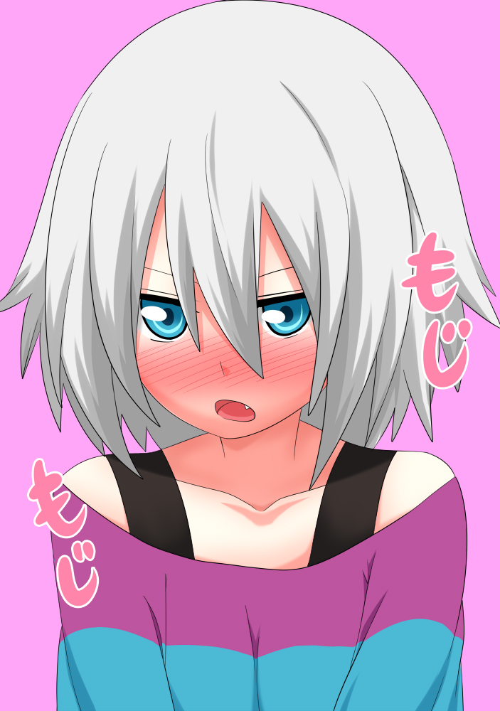 10s, 1girl, alternate_hairstyle, bad_id, bad_pixiv_id, blue_eyes, blush, collarbone, fang, female_focus, gym_leader, hair_down, hasemi_shiruku, nintendo, open_mouth, pokemon, pokemon_black_2_and_white_2, roxie_(pokemon), shirt, solo, striped_clothes, striped_shirt, white_hair