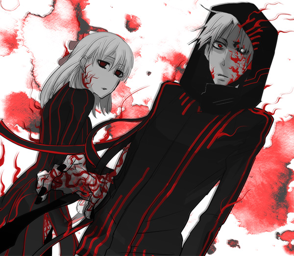 1boy, 1girl, alternate_universe, angra_mainyu_(fate), bad_id, bad_pixiv_id, corruption, dark_persona, dark_sakura, dress, facial_mark, fate/stay_night, fate/zero, fate_(series), hair_ribbon, hood, hoodie, long_hair, matou_kariya, matou_sakura, nail_polish, partially_colored, possessed, possession, red_eyes, ribbon, u-si, uncle_and_niece