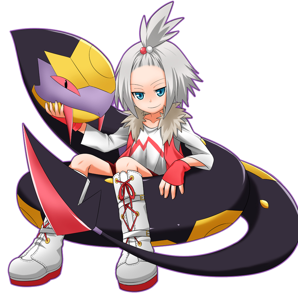 10s, alternate_costume, blue_eyes, boots, gen_3_pokemon, gym_leader, hasemi_shiruku, nintendo, pokemon, pokemon_(creature), pokemon_black_2_and_white_2, roxie_(pokemon), seviper, smile, snake, stinger, topknot, white_hair