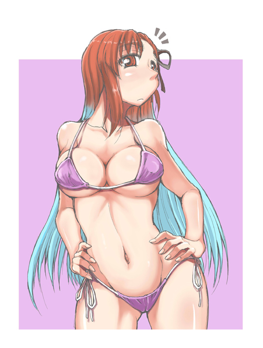00s, 10s, 1girl, bikini, breasts, cleavage, female_focus, gradient_hair, hands_on_own_hips, long_hair, micro_bikini, multicolored_hair, navel, riela_marcellis, sakekan, salmon_(tajigen_console), senjou_no_valkyria, senjou_no_valkyria_(series), senjou_no_valkyria_3, side-tie_bikini_bottom, solo, swimsuit, two-tone_hair