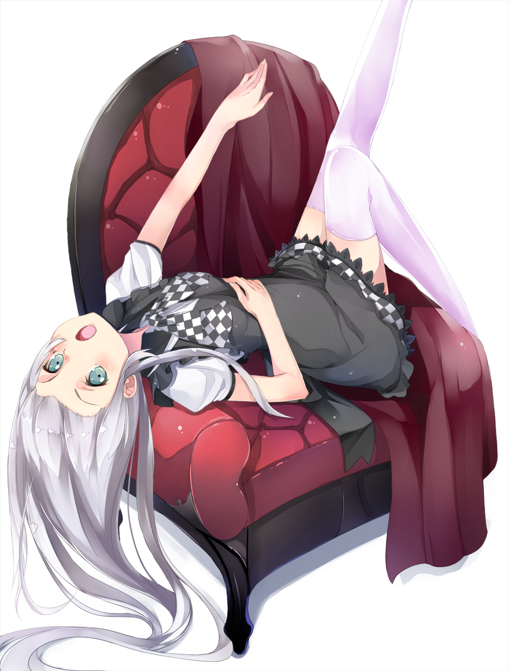1girl, :o, bad_id, bad_pixiv_id, blush, chair, checkered_clothes, checkered_skirt