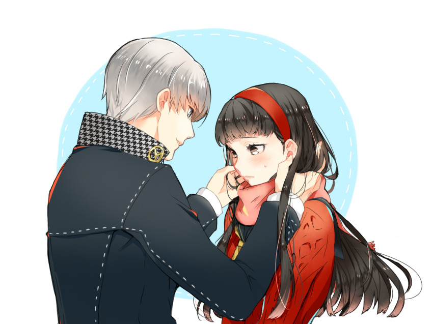 1boy, 1girl, amagi_yukiko, atlus, bad_id, bad_pixiv_id, black_eyes, black_hair, blush, cotoro56, couple, embarrassed, grey_eyes, grey_hair, hairband, hetero, jacket, long_hair, narukami_yu, persona, persona_4, scarf, school_uniform, short_hair, smile
