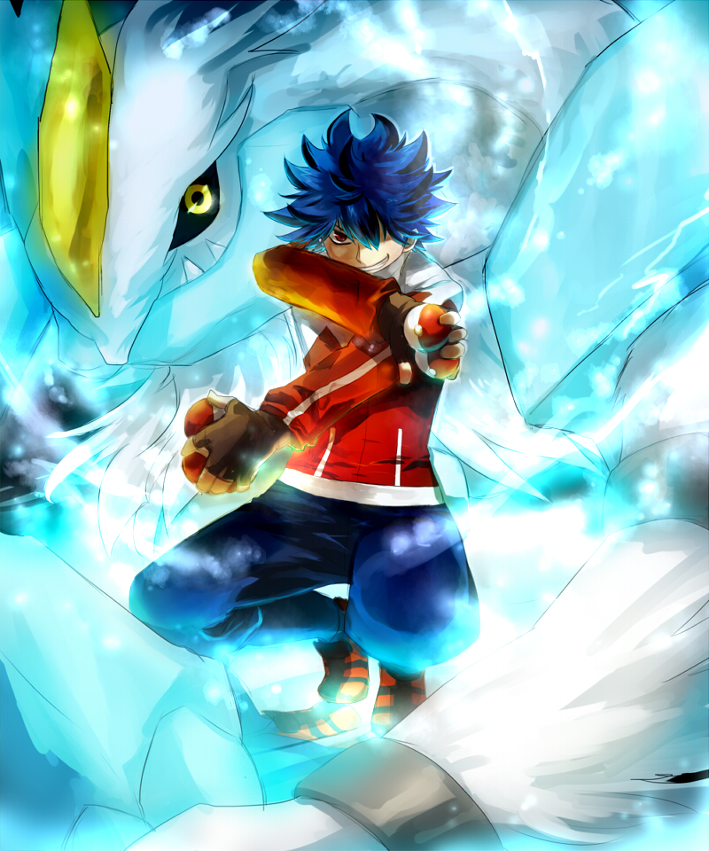 10s, 1boy, alternate_form, bad_id, bad_pixiv_id, blue_hair, dragon, fingerless_gloves
