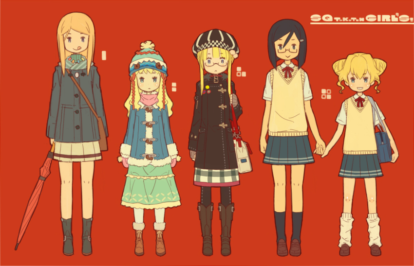 5girls, :q, atlus, bag, beanie, black_hair, black_legwear, blonde_hair