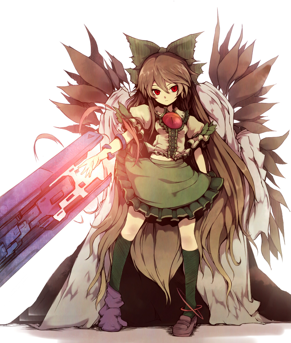 1girl, aka_tonbo_(lililil), alternate_weapon, arm_cannon, asymmetrical_footwear, black_hair, bow, cape, colorized, female_focus, green_socks, hair_bow, kneehighs, long_hair, mismatched_footwear, red_eyes, reiuji_utsuho, shishigami_(sunagimo), skirt, socks, solo, third_eye, touhou, very_long_hair, weapon, white_background, wings