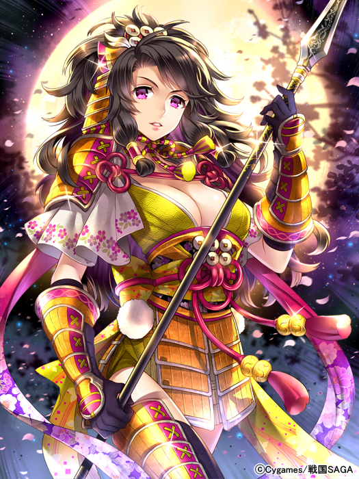 1girl, arm_guards, armor, bad_id, bad_pixiv_id, black_gloves, breasts, brown_hair, cleavage, female_focus, floral_print, gauntlets, gloves, hair_tubes, japanese_armor, japanese_clothes, komatsu-hime, large_breasts, long_hair, nardack, petals, polearm, purple_eyes, sanada_yukimura_(real_life), seigaiha, sengoku_saga, shoulder_armor, sode, solo, spear, weapon