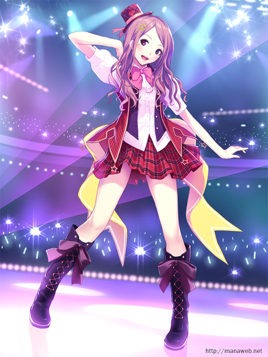 1girl, :d, boots, brown_eyes, brown_hair, female_focus, hair_ornament, hat