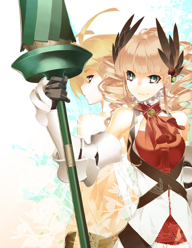 2girls, 92m, ahoge, athena_(lord_of_vermilion), bad_id, bad_pixiv_id, bare_shoulders, blonde_hair