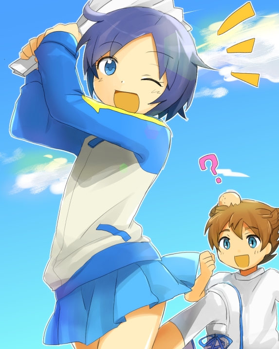 1boy, 1girl, :d, ;d, bad_id, bad_pixiv_id, blue_eyes, blue_hair