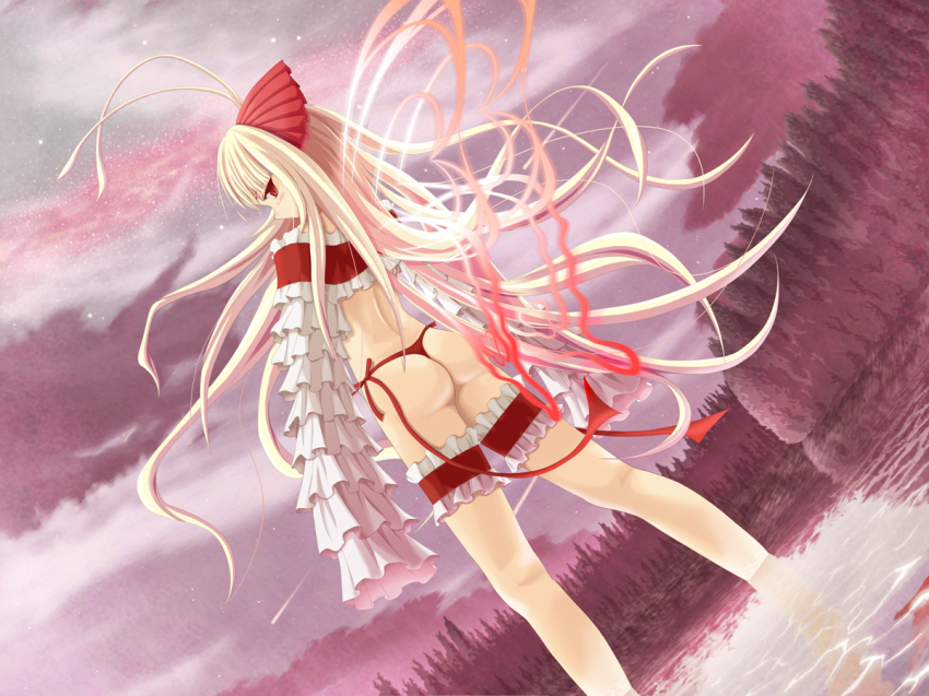 1girl, antenna_hair, ass, bad_id, bad_pixiv_id, butterfly_wings, cloud, female_focus, frilled_thigh_strap, from_behind, g-string, hair_ornament, insect_wings, long_hair, long_sleeves, looking_back, nanahan, night, no_pants, original, panties, red_eyes, sky, sleeves_past_wrists, solo, thigh_strap, thong, tree, underwear, very_long_hair, wading, water, white_hair, wings