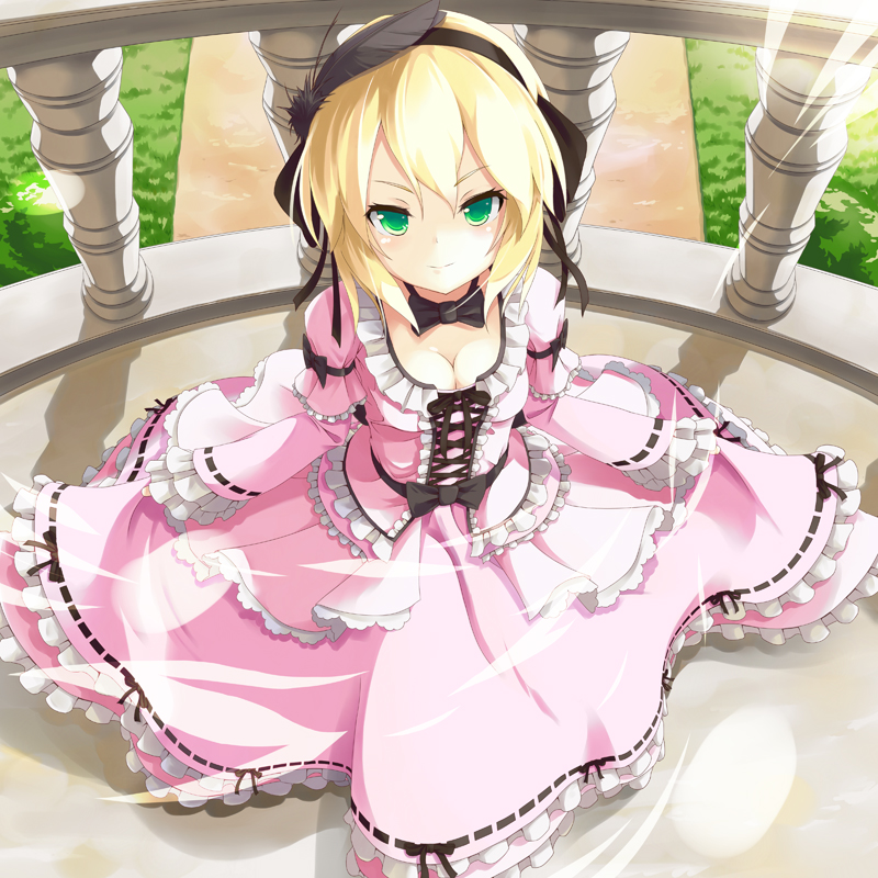 1girl, bad_id, bad_pixiv_id, balcony, blonde_hair, bow, breasts, cleavage, dress, feathers, female_focus, frills, from_above, green_eyes, hairband, long_sleeves, nanahan, original, pink_dress, short_hair, sleeves_past_wrists, small_breasts, smile, solo, sunlight