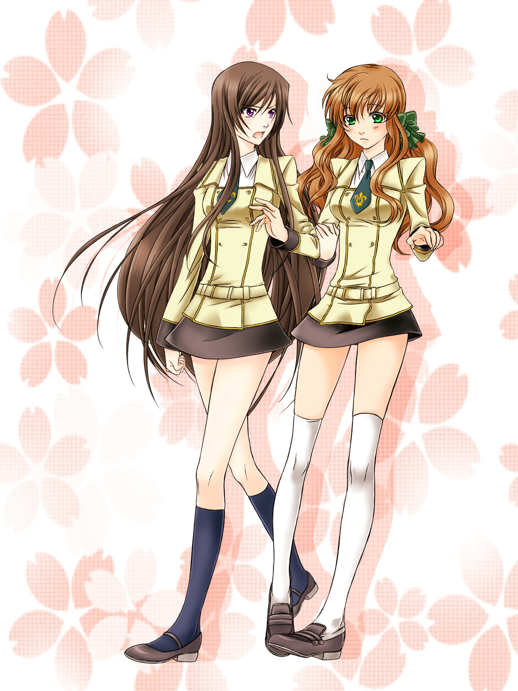 2girls, aji_paba, bad_id, bad_pixiv_id, brown_hair, code_geass, colorized, genderswap, genderswap_(mtf), green_eyes, highres, kururugi_suzaku, lelouch_vi_britannia, lineart, long_hair, luluko, monochrome, multiple_girls, purple_eyes, skirt, suzako, very_long_hair