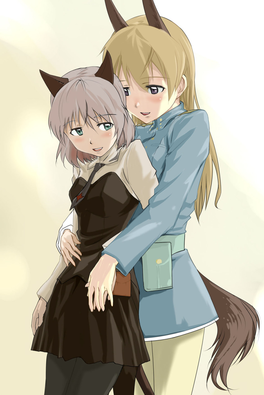 2girls, animal_ears, aqua_eyes, belt, belt_pouch, blonde_hair, bob_cut, couple, eila_ilmatar_juutilainen, hand_on_another's_stomach, highres, holding_hands, hug, hug_from_behind, long_hair, looking_back, multiple_girls, munmun, necktie, pantyhose, pouch, purple_eyes, sanya_v._litvyak, short_hair, silver_hair, simple_background, skirt, smile, strike_witches, tail, world_witches_series, yuri