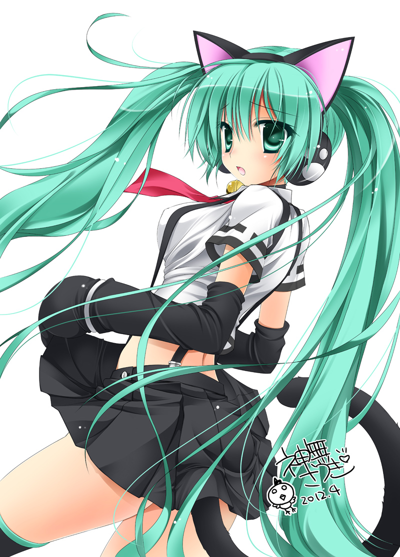 10s, 1girl, 2012, adapted_costume, animal_ear_headphones, animal_ears, bell, cat_ear_headphones, cat_ears, cat_tail, collar, dated, detached_sleeves, fake_animal_ears, female_focus, green_eyes, green_hair, hatsune_miku, hatsune_miku_(nyan_ko), headphones, holding_own_skirt, jingle_bell, kanna_satsuki, long_hair, looking_back, matching_hair/eyes, neck_bell, project_diva, project_diva_(series), simple_background, skirt, solo, suspenders, tail, thighhighs, twintails, very_long_hair, vocaloid, white_background