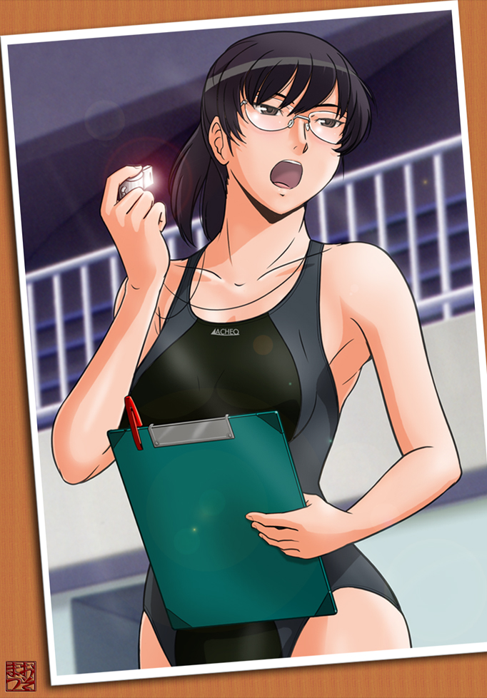 1girl, amagami, bad_id, bad_pixiv_id, black_eyes, black_hair, clipboard, competition_swimsuit