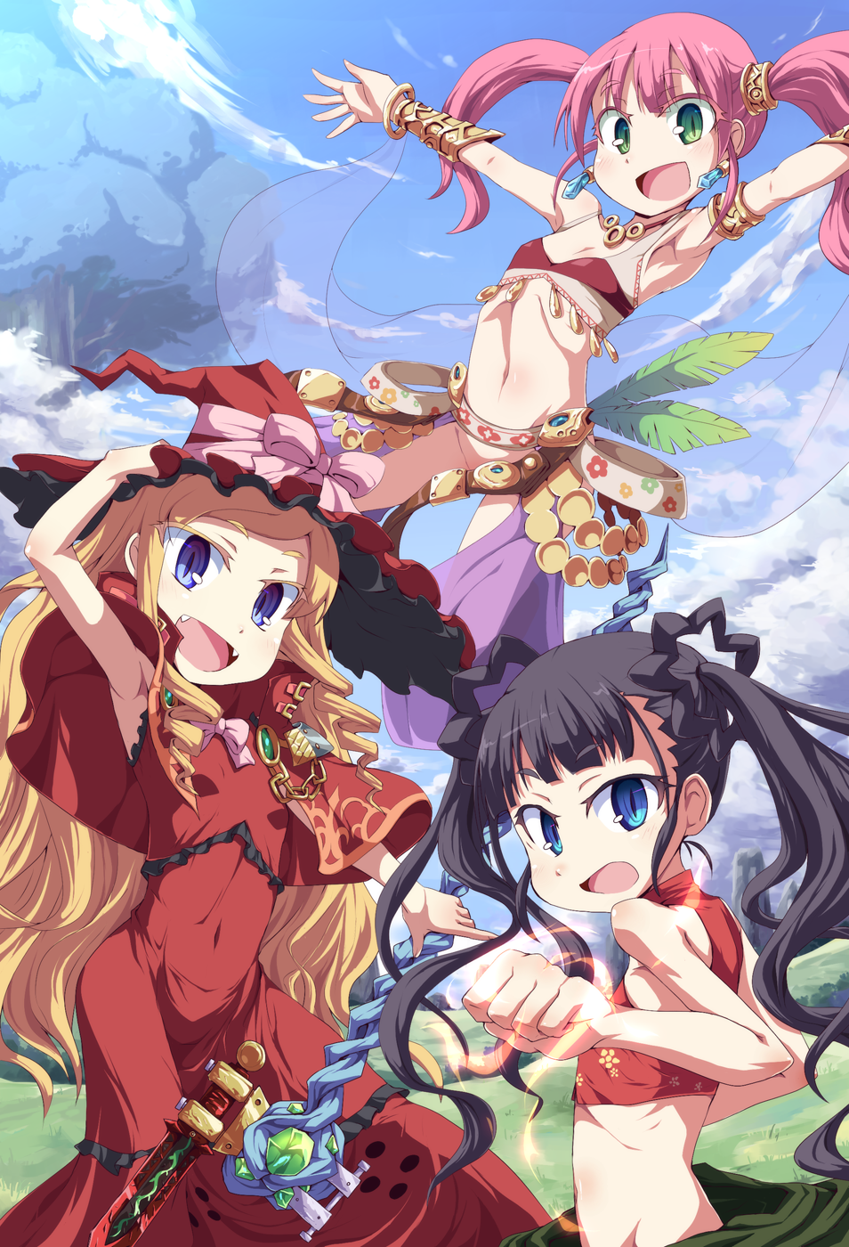 3girls, armpits, arms_up, atlus, black_hair, blonde_hair, blue_eyes, bow, censored, chaps, convenient_censoring, covered_erect_nipples, dancer_(sekaiju), dancer_2_(sekaiju), doctor_magus, doctor_magus_4, dress, earrings, etrian_odyssey, fang, fangs, flat_chest, green_eyes, hair_ornament, hat, highres, jewelry, midriff, monk_(sekaiju), monk_2_(sekaiju), multiple_girls, navel, necklace, no_panties, open_mouth, pink_bow, pink_hair, ribs, sekaiju_no_meikyuu, sekaiju_no_meikyuu_2, sekaiju_no_meikyuu_3, sekaiju_no_meikyuu_4, skirt, toraishi_666, twintails, witch_hat