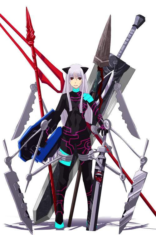 1girl, animal_ears, antispiral_nia, antispiral_nia_(cosplay), berserk, bident, blue_hair, bodysuit, busou_renkin, cat_ears, cosplay, dragonslayer_(sword), exia, fate/stay_night, fate_(series), female_focus, full_body, gae_bolg_(fate), gundam, gundam_00, gundam_exia, kataasa-ko, lance_of_longinus_(evangelion), lips, lipstick, long_hair, makeup, mr.romance, multiple_weapons, neon_genesis_evangelion, neon_trim, nia_teppelin, parody, polearm, ragnarok_(soul_eater), ragnarok_online, red_eyes, shadow, silver_hair, skin_tight, solo, soul_eater, spear, sweat, sword, tengen_toppa_gurren_lagann, tsumura_tokiko, ushio_to_tora, valkyrie_skirt, weapon