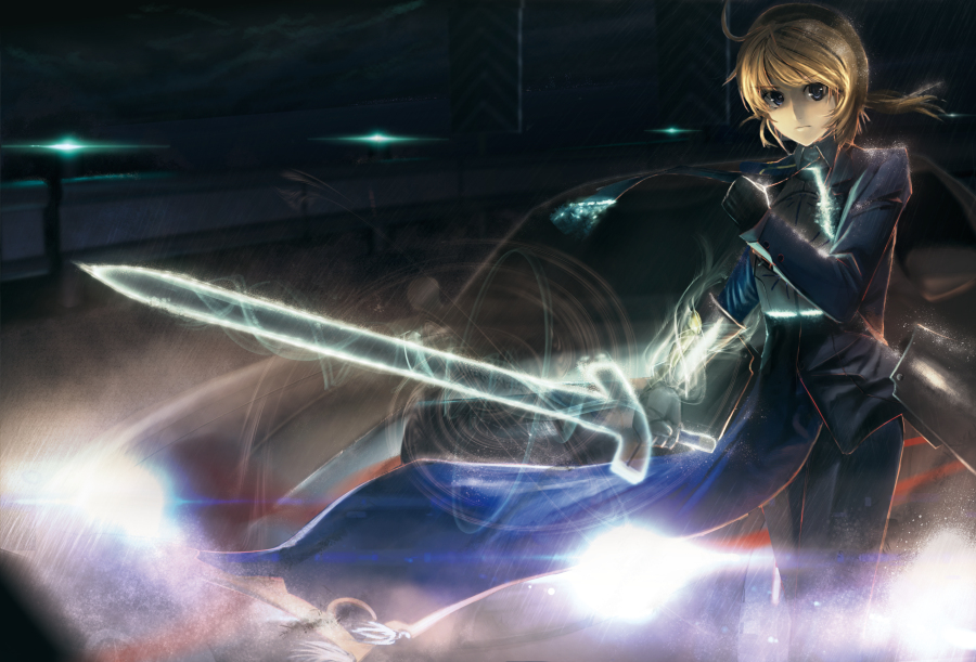 1girl, ahoge, armor, artoria_pendragon_(fate), blonde_hair, dress, dual_persona, excalibur_(fate/stay_night), fate/zero, fate_(series), faulds, female_focus, formal_clothes, gauntlets, green_eyes, invisible_air_(fate), light_particles, long_hair, moxmod, pant_suit, pants, ponytail, saber_(fate), solo, suit, sword, weapon