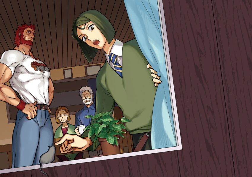 1girl, 3boys, bad_id, bad_pixiv_id, beard, bob_cut, denim, facial_hair