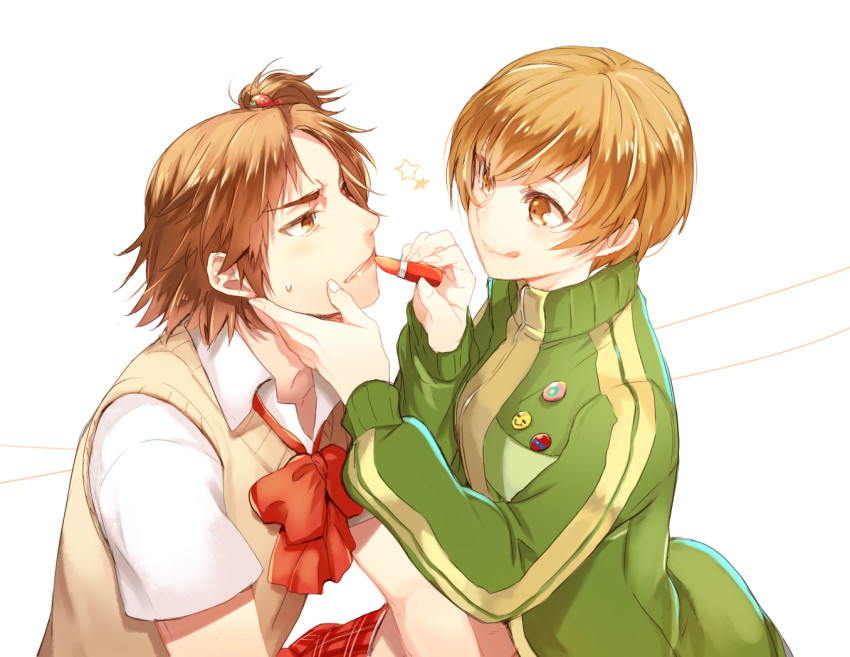 1boy, 1girl, :p, applying_lipstick, applying_makeup, atlus, bad_id, bad_pixiv_id, brown_eyes, brown_hair, cosmetics, cotoro56, crossdressing, hair_ornament, hanamura_yousuke, high_side_ponytail, jacket, lipstick, lipstick_tube, makeup, persona, persona_4, ponytail, satonaka_chie, school_uniform, short_hair, short_ponytail, short_side_ponytail, side_ponytail, sweater_vest, tongue, tongue_out, track_jacket, trap