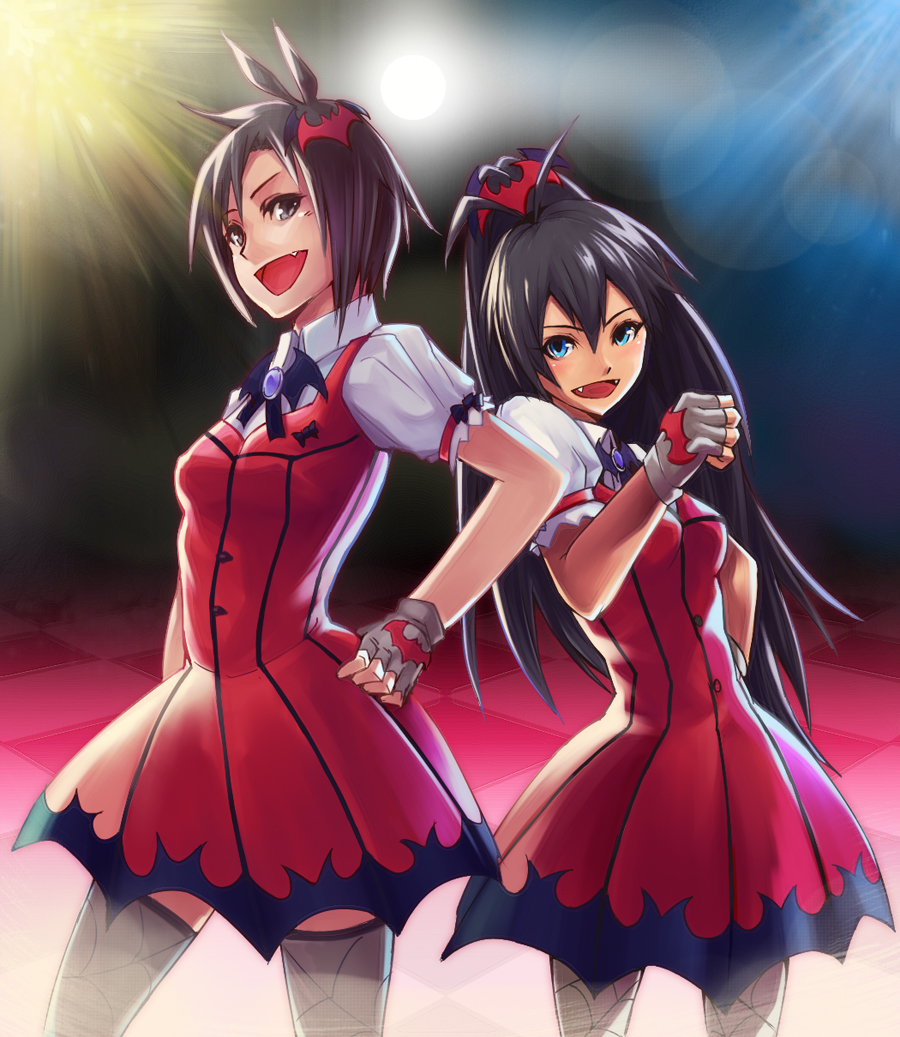 2girls, black_hair, blue_eyes, earrings, fang, fangs, ganaha_hibiki, hair_ribbon