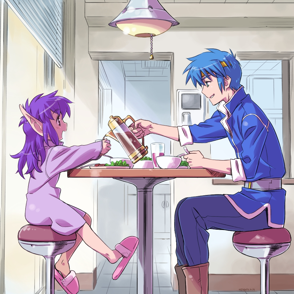 1boy, 1girl, age_difference, aged_down, blue_eyes, blue_hair, child, eusis_landale, isedaichi_ken, nei, phantasy_star, phantasy_star_ii, pointy_ears, pouring, purple_hair, sega, slice_of_life, slippers