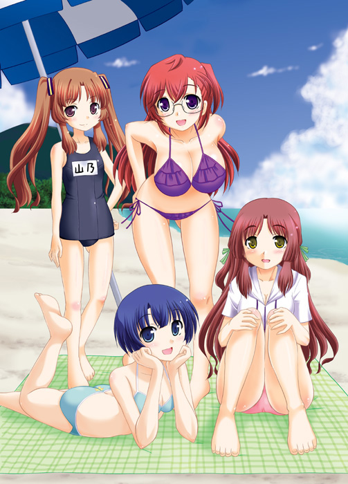10s, 4girls, ano_natsu_de_matteru, barefoot, beach, beach_towel, beach_umbrella, bikini, blue_eyes, blue_hair, breasts, brown_eyes, brown_hair, cleavage, feet, glasses, hood, hoodie, kitahara_mio, long_hair, lying, multiple_girls, old_school_swimsuit, on_stomach, one-piece_swimsuit, purple_eyes, red_hair, school_swimsuit, short_hair, side-tie_bikini_bottom, sitting, small_breasts, standing, suzumiya_kazuki, swimsuit, takatsuki_ichika, tanigawa_kanna, towel, umbrella, yamano_remon, yellow_eyes