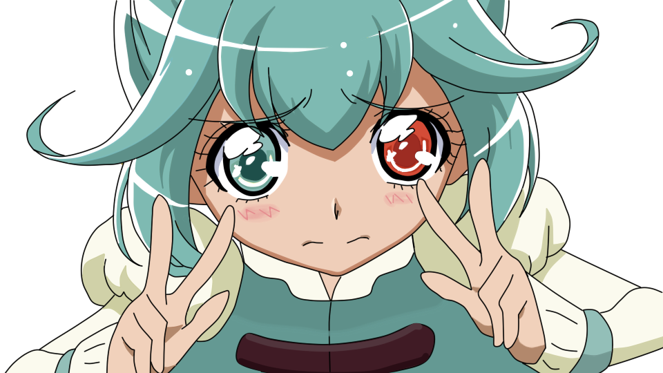 1girl, blush, cure_peace_pose, double_v, e-kyugata, female_focus, green_eyes, green_hair