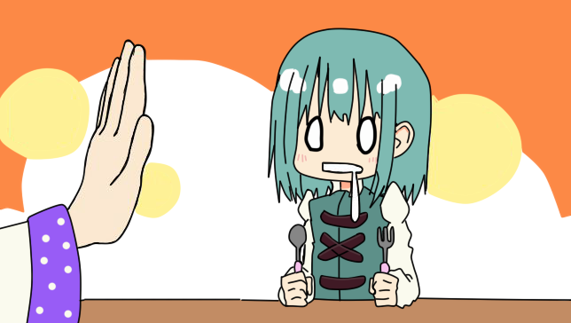 2girls, e-kyugata, female_focus, flat_color, fork, green_hair, kochiya_sanae, multiple_girls, o_o, onakasuita, saliva, short_hair, spoon, tatara_kogasa, touhou, upper_body