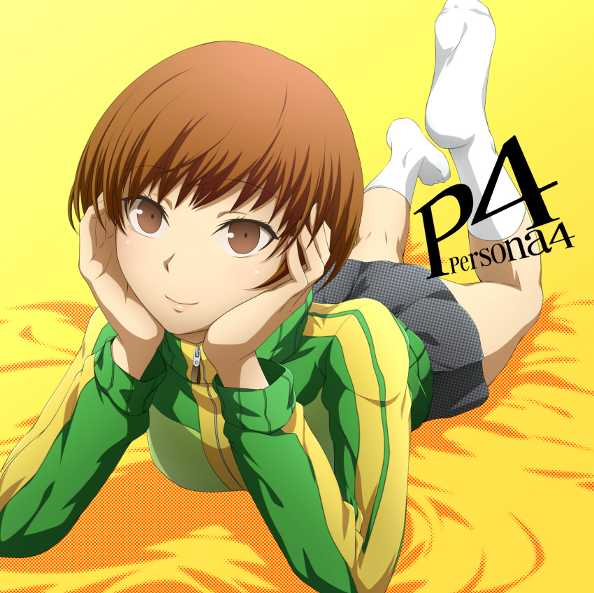 1girl, atlus, brown_eyes, brown_hair, feet, female_focus, highres, jacket