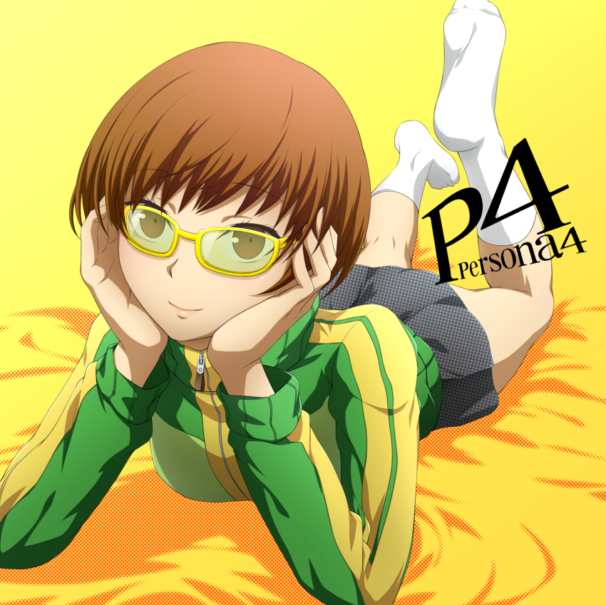 1girl, atlus, brown_eyes, brown_hair, feet, female_focus, glasses, green-tinted_eyewear