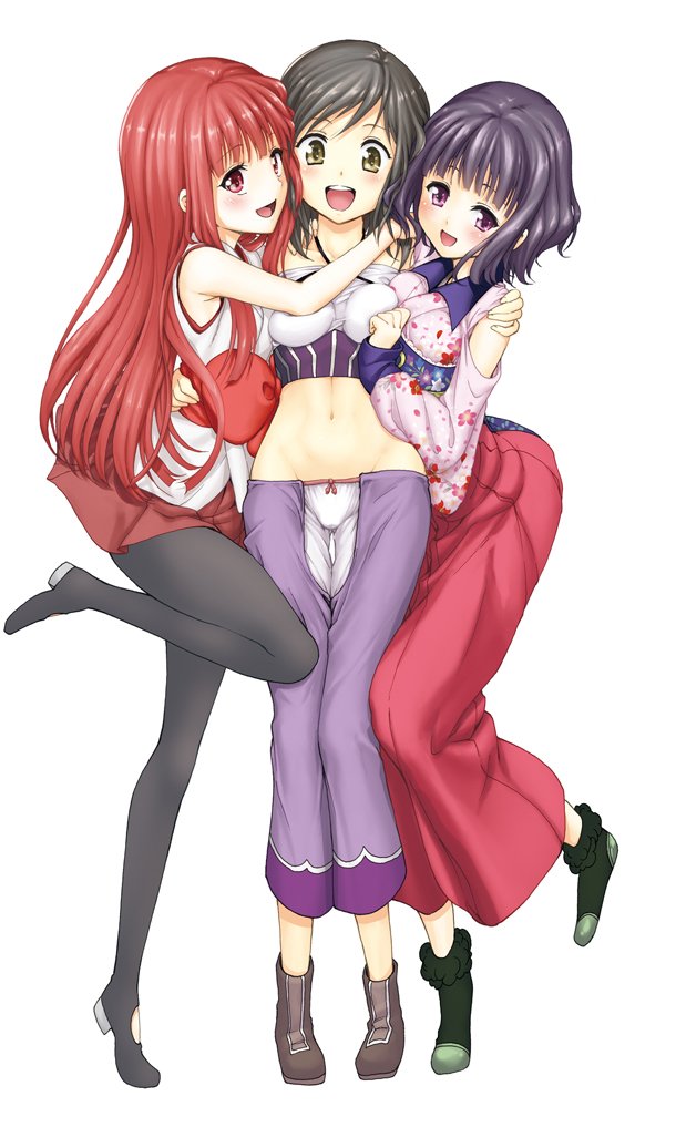 10s, 3girls, akizuki_maria, amano_reiko, arched_back, black_hair, breast_press, breasts, full_body, hug, leg_lift, legs, long_hair, midriff, miniskirt, multiple_girls, navel, official_art, oikawa_tooru, open_mouth, panties, pantyhose, purple_hair, red_hair, shin_sekai_yori, short_hair, simple_background, skirt, small_breasts, standing, standing_on_one_leg, stomach, thigh_gap, underwear, watanabe_saki, white_background, yuri