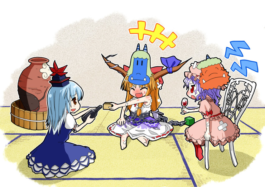 >:d, 3girls, :d, :o, ^_^, aka_oni_to_ao_oni_no_tango, bandaid, blue_hair