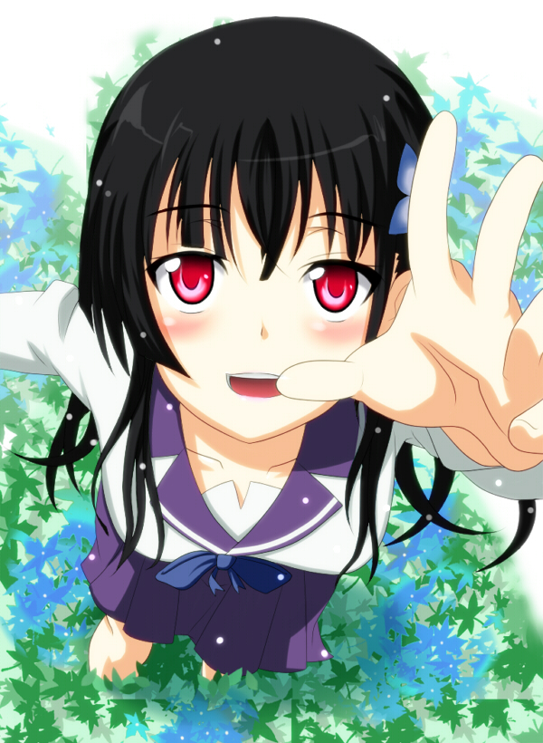 10s, 1girl, black_hair, blush, bow, bowtie, female_focus, flower