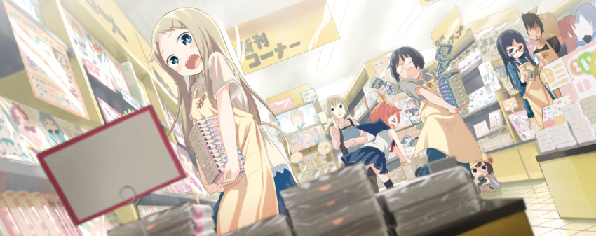 1boy, 6+girls, :o, apron, black_hair, black_socks, blue_eyes, blurry