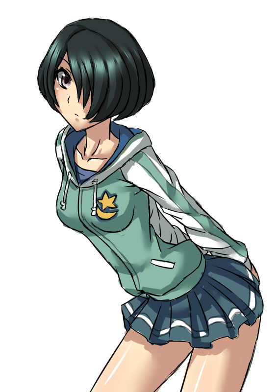 1girl, aonozakura_aruto, black_hair, bob_cut, female_focus, grey_eyes, hair_over_one_eye, hood, hoodie, kobayashimaru_shouko, miniskirt, miniskirt_pirates, short_hair, signature, skirt, solo