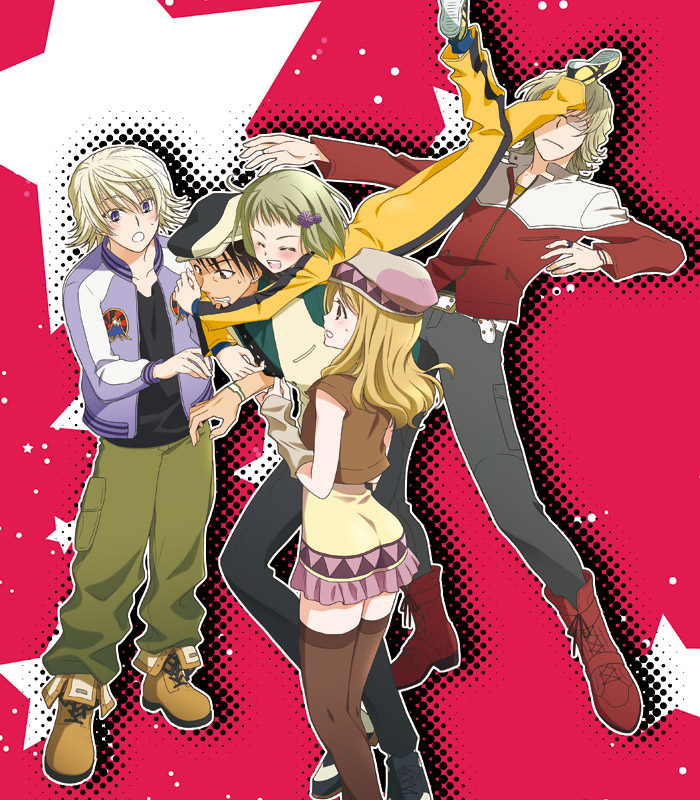 10s, 2girls, 3boys, barnaby_brooks_jr., beanie, blonde_hair, brown_hair, brown_legwear, bruce_lee's_jumpsuit, newsboy_cap, dente, detached_sleeves, dress, glomp, hat, huang_pao-lin, hug, ivan_karelin, kaburagi_t._kotetsu, karina_lyle, kicking, multiple_boys, multiple_girls, purple_eyes, short_hair, thighhighs, tiger_&amp;_bunny