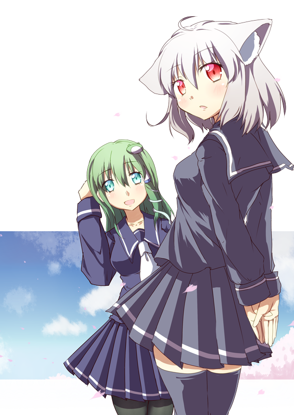 2girls, alternate_costume, animal_ears, aqua_eyes, arm_up, arms_behind_back, ascot, black_legwear