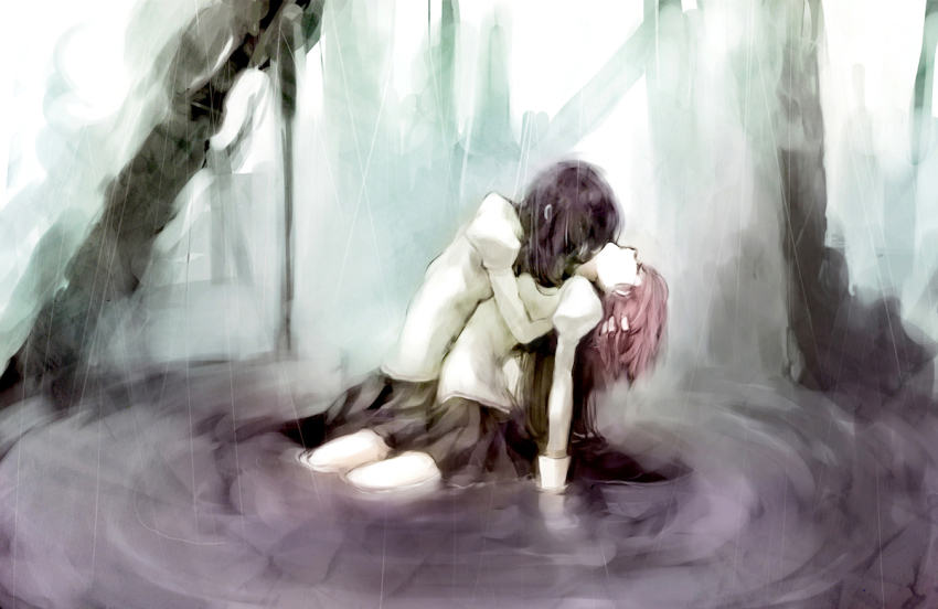 10s, 2girls, akemi_homura, black_hair, hair_ribbon, hairband, kaname_madoka, mahou_shoujo_madoka_magica, mahou_shoujo_madoka_magica_(anime), multiple_girls, rain, ribbon, sasa_asako, schizos05, spoilers