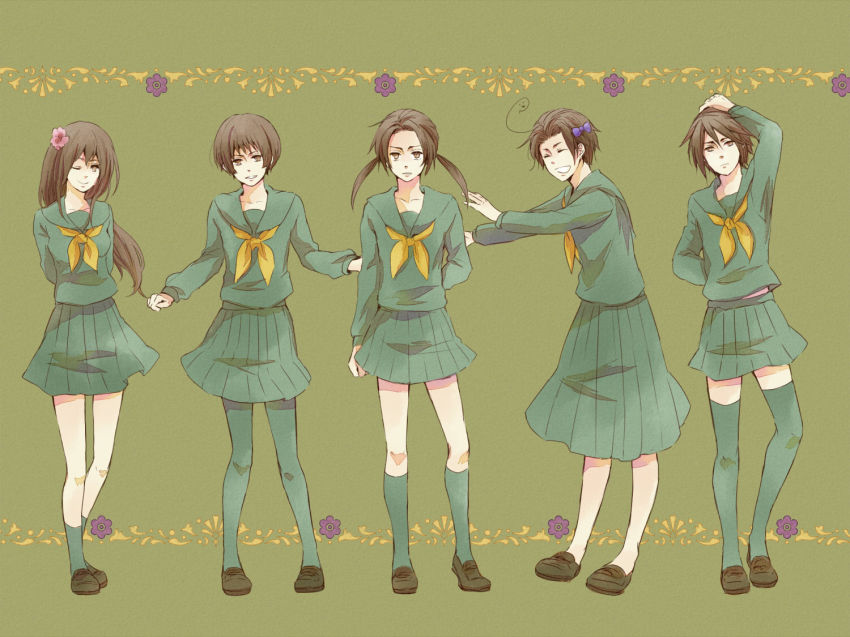 1girl, 4boys, axis_powers_hetalia, bad_id, bad_pixiv_id, brown_hair, china_(hetalia), crossdressing